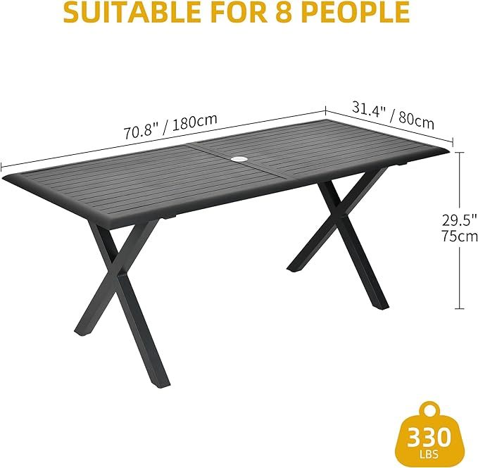 Aluminum Outdoor Dining Table for 8 Person, 71 inch Rectangle Patio Dining Table