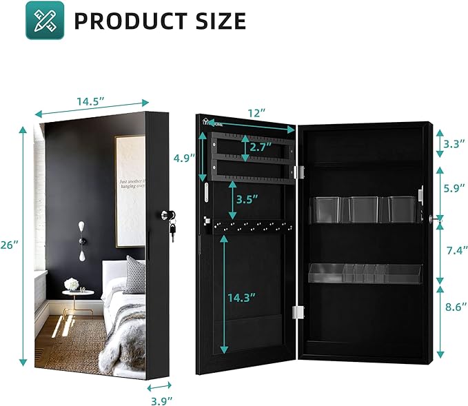 Lockable Jewelry Cabinet Armoire with Mirror, Wall-Mounted Mirror with Jewelry Storage