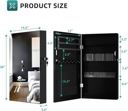 Lockable Jewelry Cabinet Armoire with Mirror, Wall-Mounted Mirror with Jewelry Storage