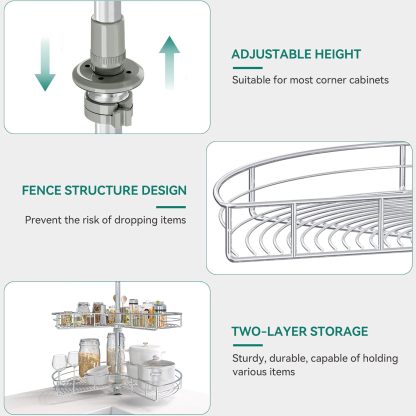 31-Inch Kidney Shaped Chrome Pie Cut 2-Shelf Lazy Susan Corner Organizer for Kitchen Cabinet Blind Corner Storage with Telescoping Mount