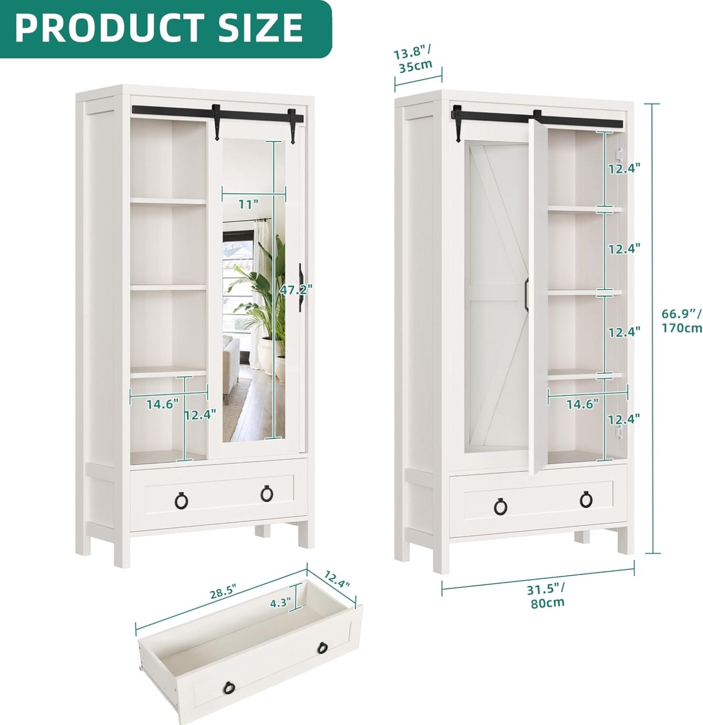 Tall Storage Cabinet, Farmhouse Bathroom Cabinets, Storage Cabinet with Doors, 1 Adjustable Shelf and 1 Drawer, Floor Kitchen Cabinet