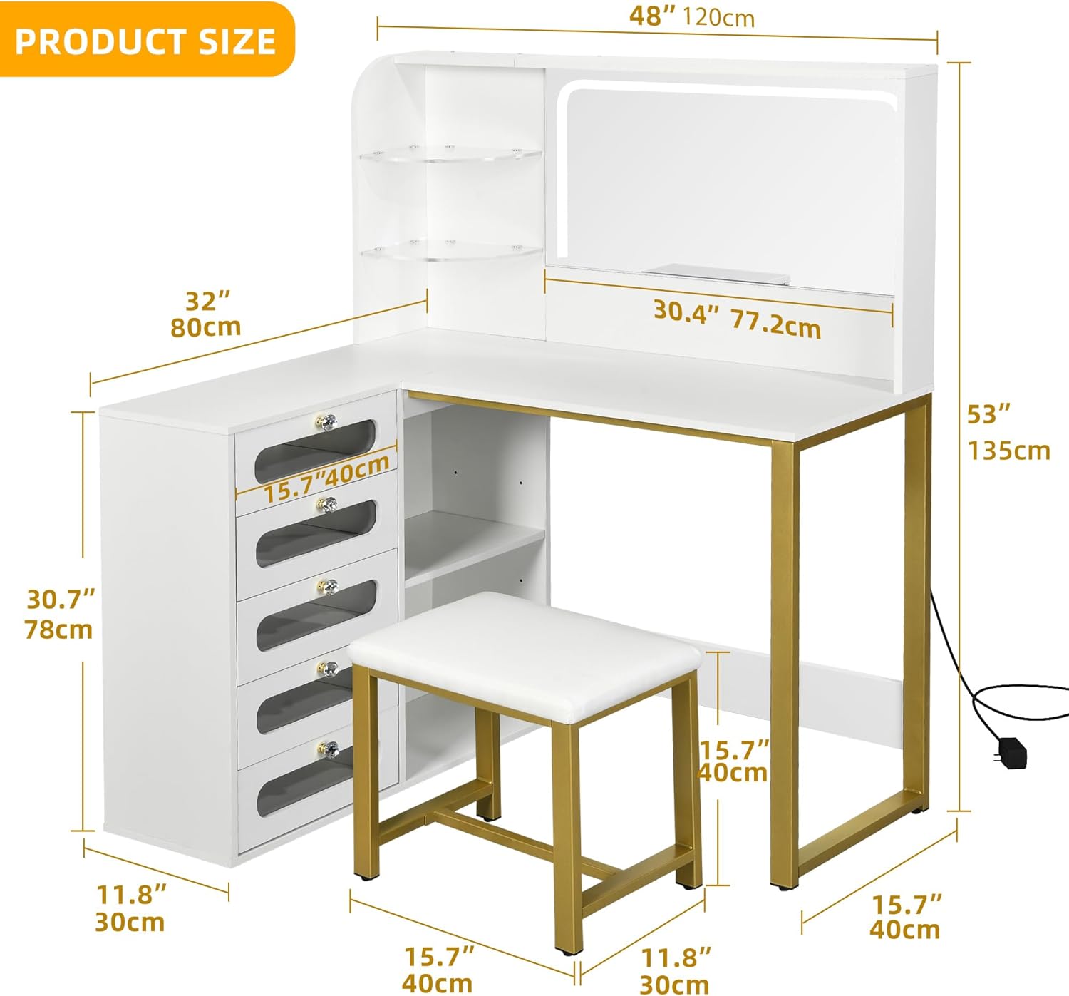 Vanity Desk Set- L Makeup Vanity with Mirror and Lights 3 Lighting Modes, 48" Large Dressing Table with 5 Tempered Glass Drawers with Open Storage Shelves Vanity Table, White
