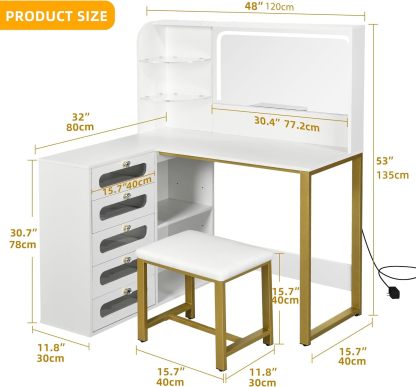 Vanity Desk Set- L Makeup Vanity with Mirror and Lights 3 Lighting Modes, 48" Large Dressing Table with 5 Tempered Glass Drawers with Open Storage Shelves Vanity Table, White