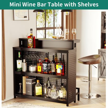Mini Home Bar Unit with Music Sensing LED Light, Liquor Wine Coffee Stand w Counter Tall Bar Table Top Alcohol Storage Shelf Glasses Rack Footrest for Kitchen Pub Living Room