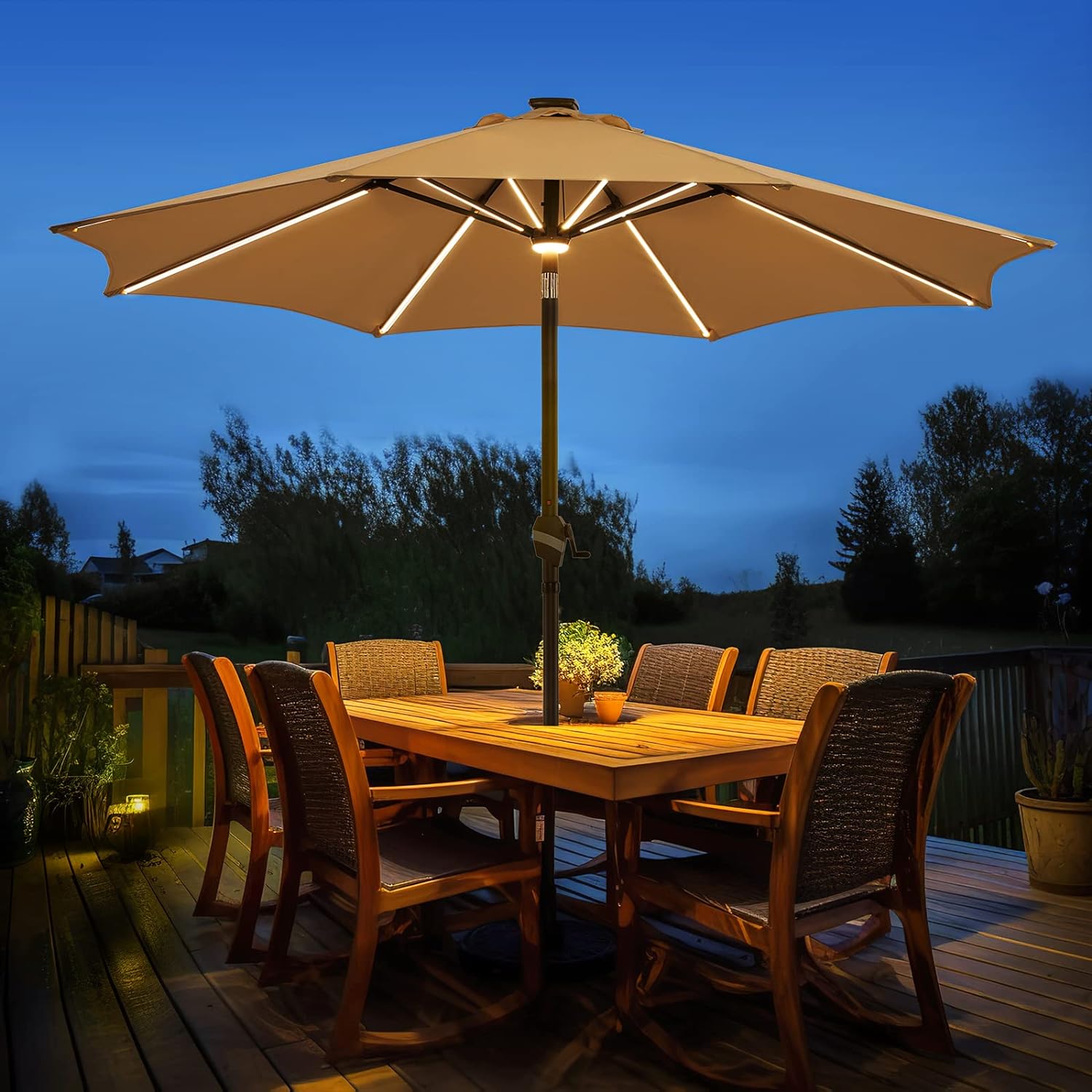 9 FT Outdoor Solar Patio Umbrella LED Table Umbrellas with 16 LED Strip Lights & Hub Light