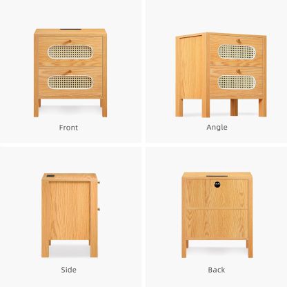 Natural Rattan Nightstands Set of 2 with Charging Station