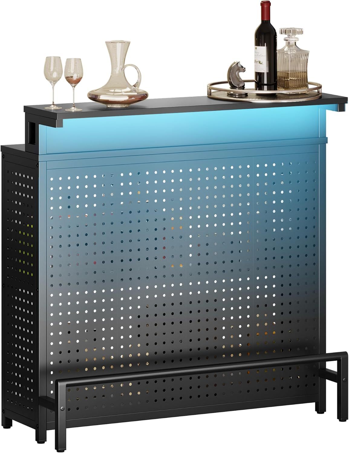 Mini Home Bar Unit with Music Sensing LED Light, Liquor Wine Coffee Stand w Counter Tall Bar Table Top Alcohol Storage Shelf Glasses Rack Footrest for Kitchen Pub Living Room
