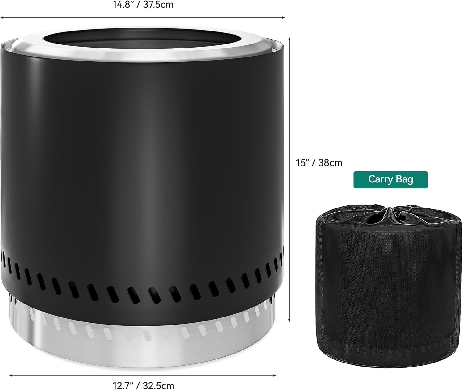 Fire Pit Smokeless 15'' Firepits for Outside Patio, Portable Wood Burning Outdoor Fire Pit w/Removable Ash Pan & Carry Bag