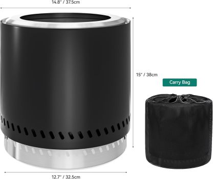 Fire Pit Smokeless 15'' Firepits for Outside Patio, Portable Wood Burning Outdoor Fire Pit w/Removable Ash Pan & Carry Bag