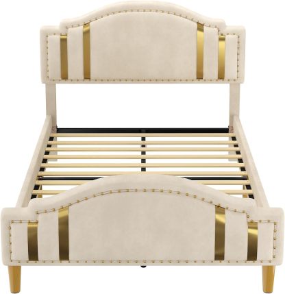 Queen Velvet Bed Frame with Adjustable Headboard, Upholstered Headboard and Footboard