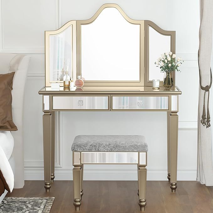 Gold Mirrored Makeup Vanity Desk with Adjustable or Detachable Tri-Folding Mirror and Upgraded Vanity Chair