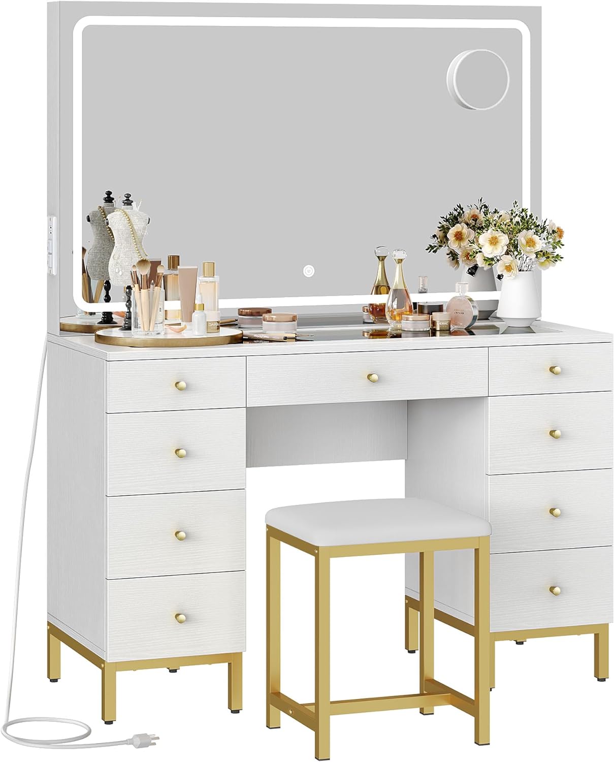 Vanity Desk Set with Large LED Lighted and Mirror & Power Outlet