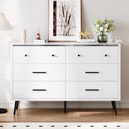 White 6 Drawer Dresser, 47" W Large Double Dresser Chest of Drawers