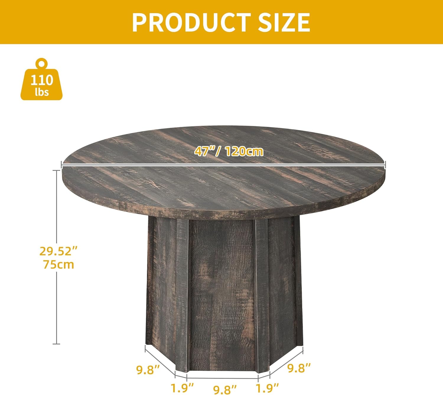 47" Round Dining Table for 4-6 People Farmhouse Industrial Dinning Room Table with 1.18" Thick Wooden Tabletop Rustic Circle Dining Table with Hexagonal Base