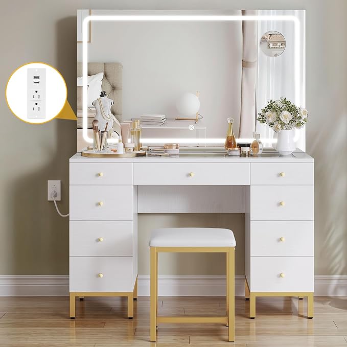 Vanity Desk Set with Large LED Lighted and Mirror & Power Outlet