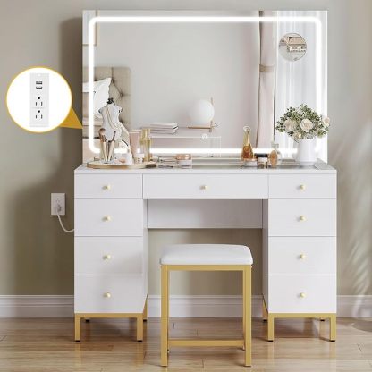 Vanity Desk Set with Large LED Lighted and Mirror & Power Outlet