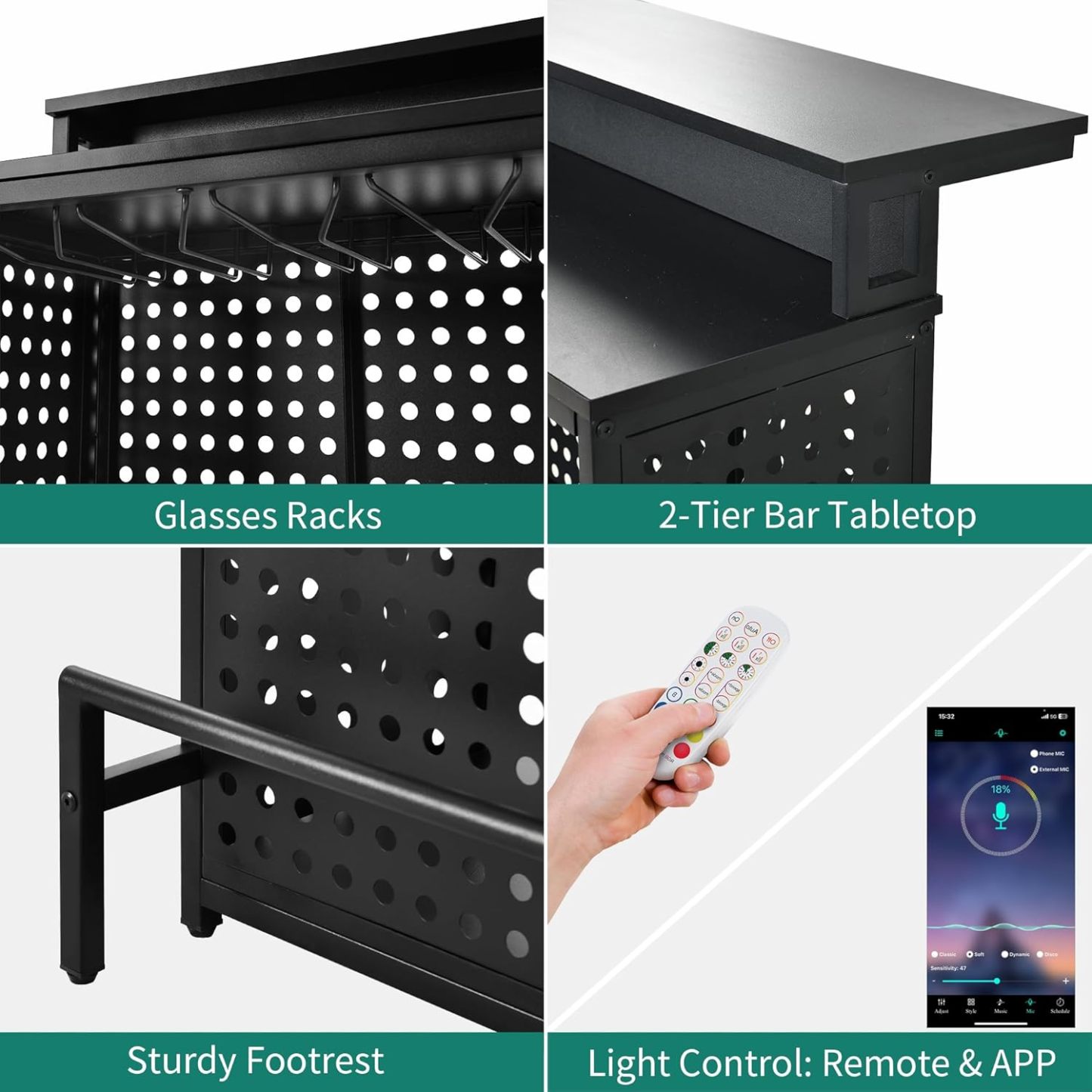 Mini Home Bar Unit with Music Sensing LED Light, Liquor Wine Coffee Stand w Counter Tall Bar Table Top Alcohol Storage Shelf Glasses Rack Footrest for Kitchen Pub Living Room