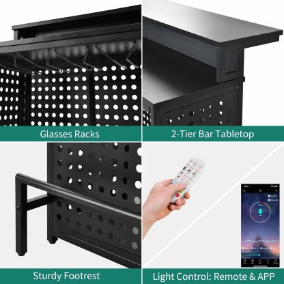 Mini Home Bar Unit with Music Sensing LED Light, Liquor Wine Coffee Stand w Counter Tall Bar Table Top Alcohol Storage Shelf Glasses Rack Footrest for Kitchen Pub Living Room