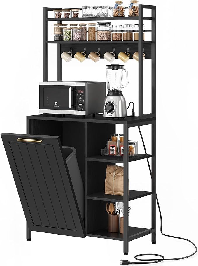 Black Bakers Rack with Trash Can Bin Cabinet and Power Outlet