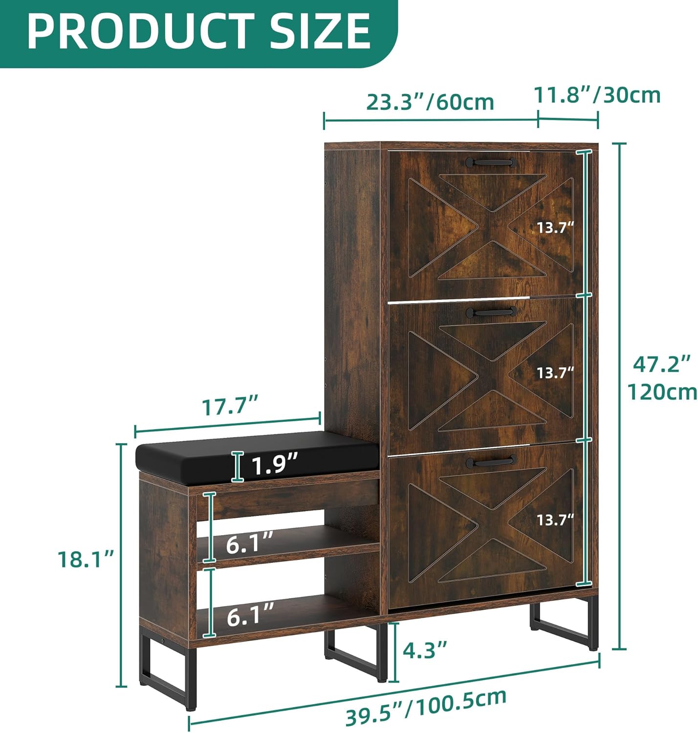 Shoe Cabinet with Bench for Entryway, 3 Flip Drawers Shoe Storage Cabinet with Shoe Bench