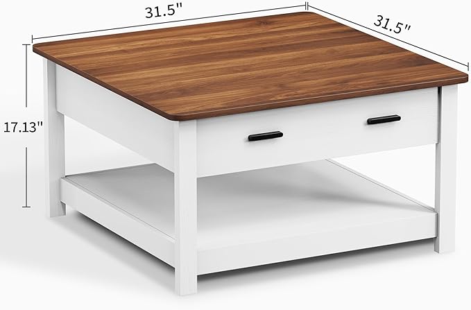 Square Coffee Table with 2 Drawers 2 Tier Shelf Wood Coffee Table