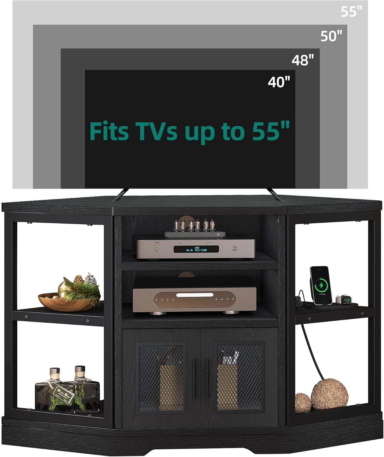 Corner TV Stand for TVs up to 55/50 Inch with Power Outlet, Modern Farmhouse Entertainment Center