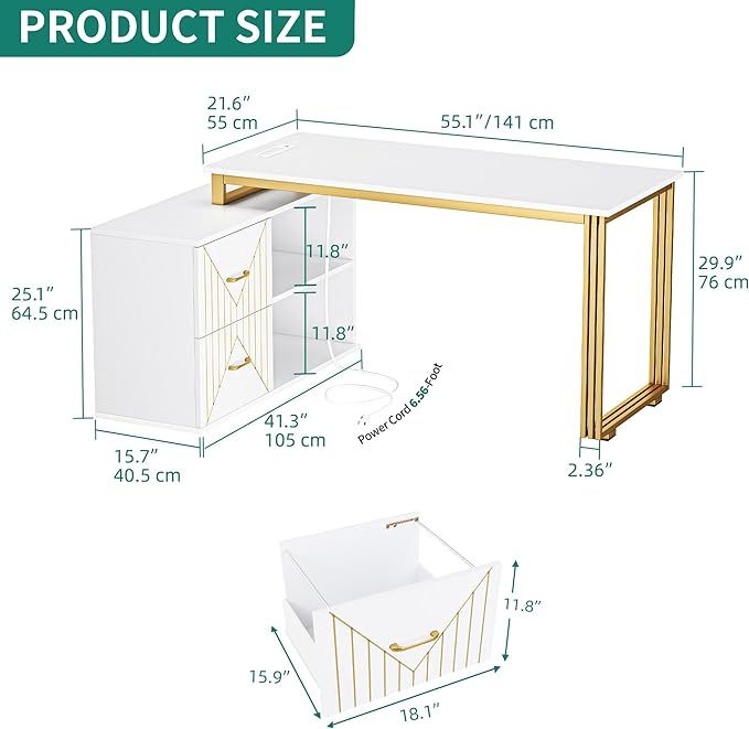 Gold L Shaped Desk with Drawers, 55" Reversible Computer Desk with Power Outlets & LED Lights