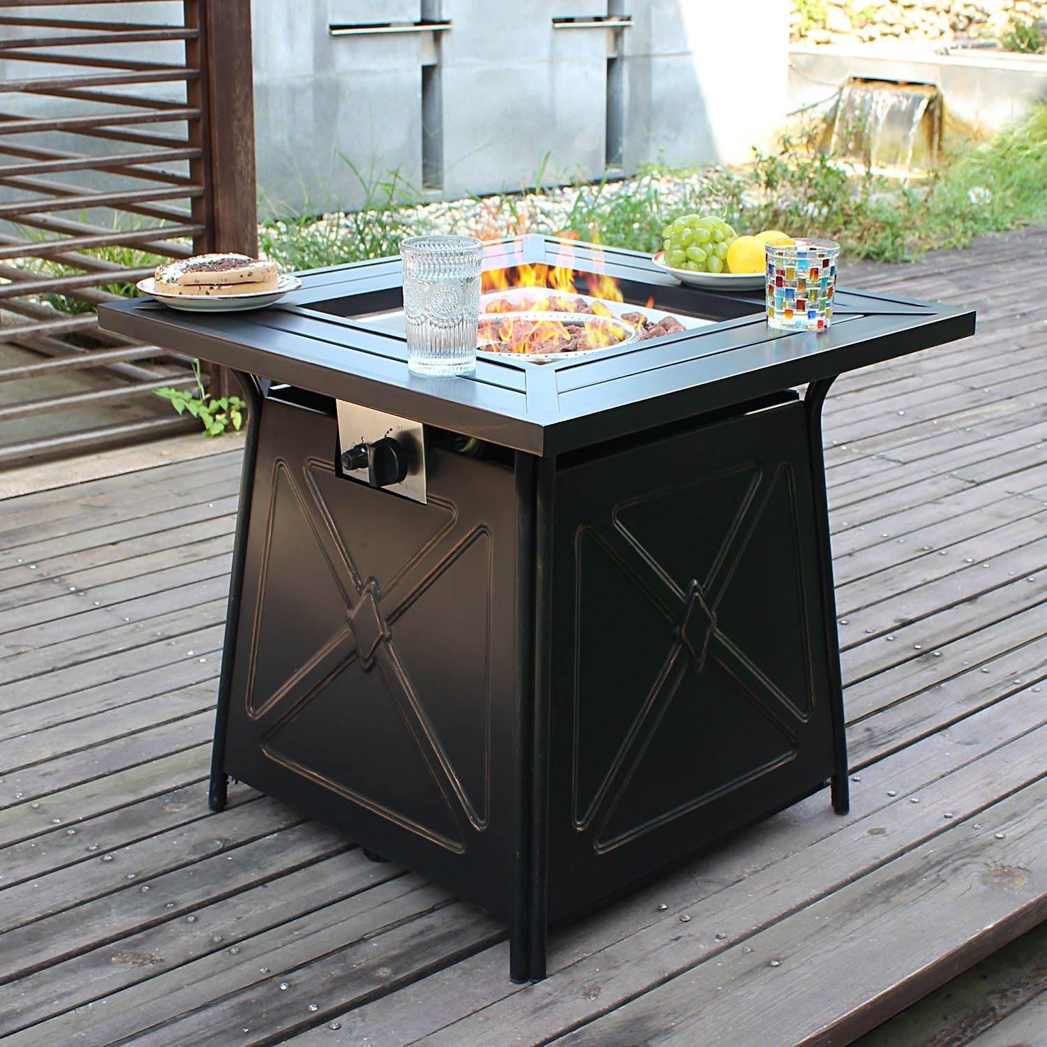 28" Fire Pit Table,Gas Fire Pits for Outside Patio,50000 BTU Propane Fire Pits with Lid &Lava Rocks