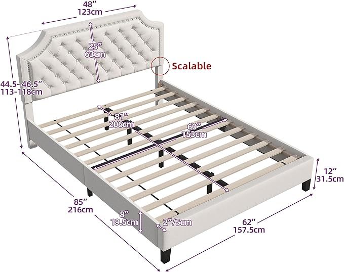 Queen Size Bed Frame with Adjustable Headboard