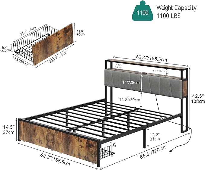 Storage Bed Frame Queen Size, LED Bed Frame with Storage Headboard & Charging Station