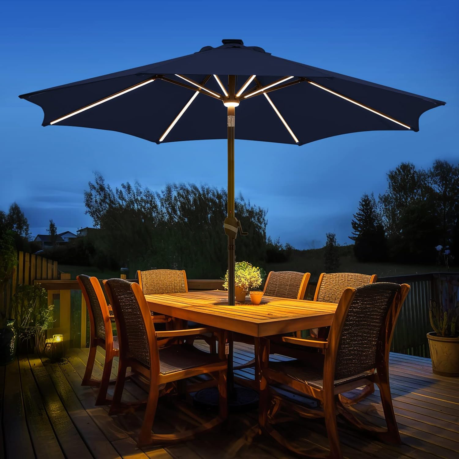 9 FT Outdoor Solar Patio Umbrella LED Table Umbrellas with 16 LED Strip Lights & Hub Light