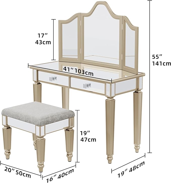 Gold Mirrored Makeup Vanity Desk with Adjustable or Detachable Tri-Folding Mirror and Upgraded Vanity Chair
