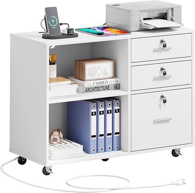 3 Drawer File Cabinet with Charging Station, Mobile Filing Cabinet with Lock