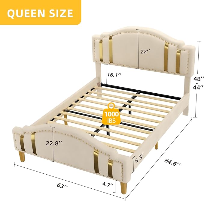 Queen Velvet Bed Frame with Adjustable Headboard, Upholstered Headboard and Footboard