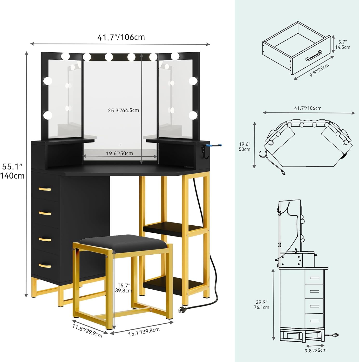 Makeup Vanity with Lights - Vanity Desk with Power Outlet, 3 Color Lighting Options, Corner Vanity with 4 Storage Drawers and Stool