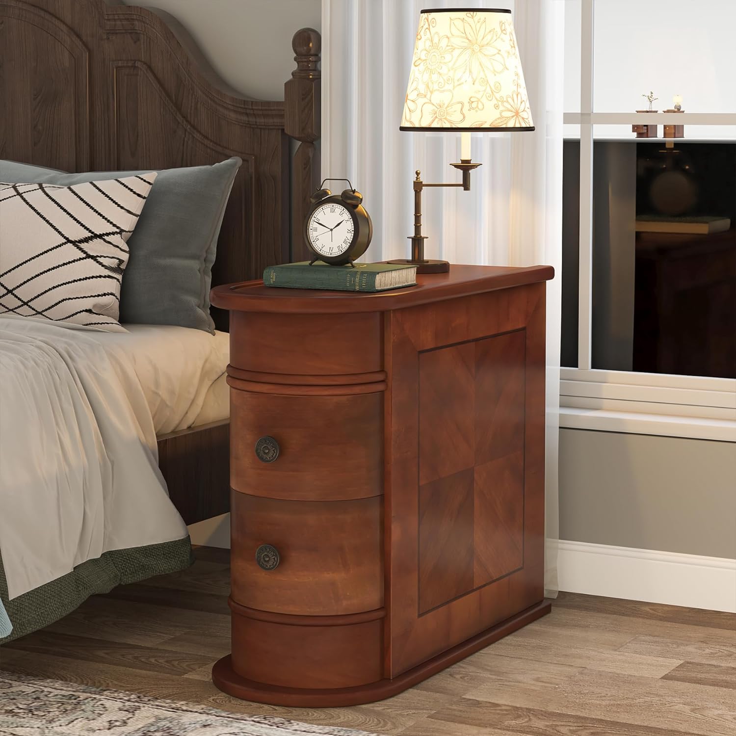 Solid Wood End Table, 2-Drawer Narrow Side Table