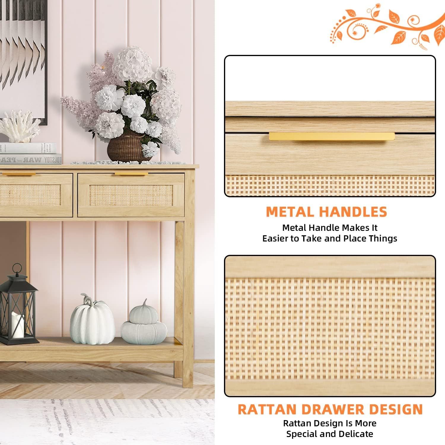 51" Console Table, Oak Grain Sofa Table with Wood Frame, Rustic Hallway Table with 3 Bamboo Weaving Storage Drawers and Shelf for Foyer Living Room Entryway