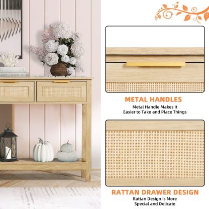 51" Console Table, Oak Grain Sofa Table with Wood Frame, Rustic Hallway Table with 3 Bamboo Weaving Storage Drawers and Shelf for Foyer Living Room Entryway