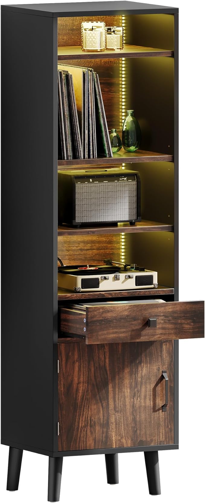 Record Player Stand with Power Outlets & LED Light