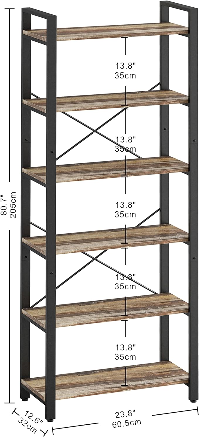 Bookshelf 6-Tier Ladder Shelf 110lbs/shelf Vintage Industrial Style Bookcase for Home Decor, Office Decor
