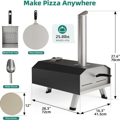 Outdoor Wood Pellet Pizza Oven with Rotating, 12" Wood Fired Pizza Oven with Built-in Thermometer
