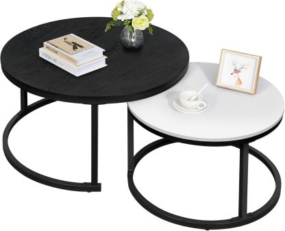 Round Coffee Table Set of 2 End Table for Living Room, Modern Nesting Side Tables Wood Coffee Tables