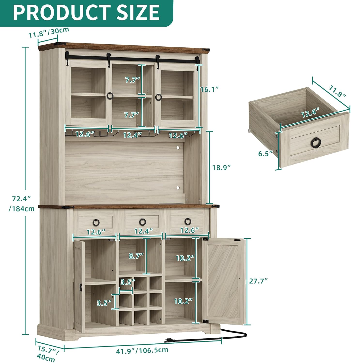 72" Farmhouse Bar Cabinet with Bottle Rack and Wine Glass Holder, Large Kitchen Buffet with Shelves, Wine Cabinet with 3 Drawers,Coffee Bar Sideboard with LED Lights