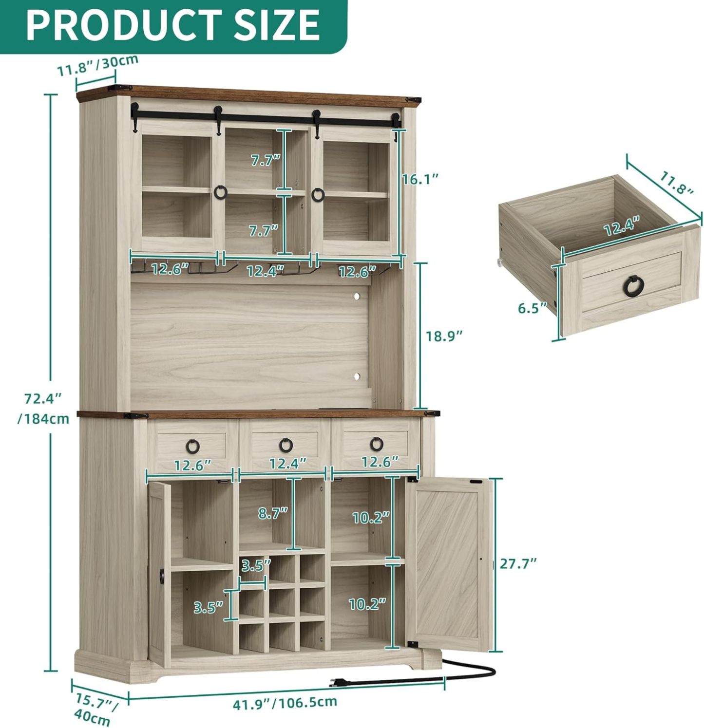 72" Farmhouse Bar Cabinet with Bottle Rack and Wine Glass Holder, Large Kitchen Buffet with Shelves, Wine Cabinet with 3 Drawers,Coffee Bar Sideboard with LED Lights