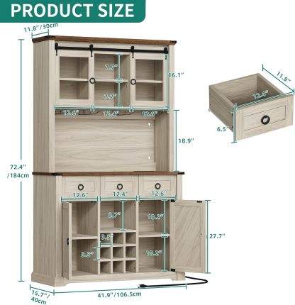 72" Farmhouse Bar Cabinet with Bottle Rack and Wine Glass Holder, Large Kitchen Buffet with Shelves, Wine Cabinet with 3 Drawers,Coffee Bar Sideboard with LED Lights