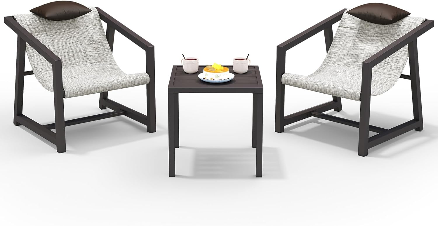3 Piece Patio Bistro Set, Outdoor Table and Chairs Textile Furniture with Pillows, Front Porch Conversation Set
