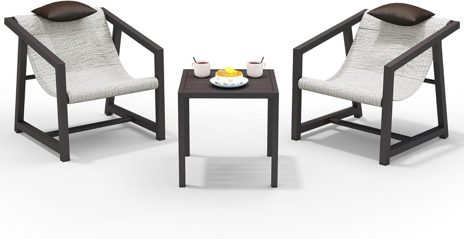 3 Piece Patio Bistro Set, Outdoor Table and Chairs Textile Furniture with Pillows, Front Porch Conversation Set