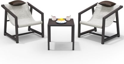 3 Piece Patio Bistro Set, Outdoor Table and Chairs Textile Furniture with Pillows, Front Porch Conversation Set
