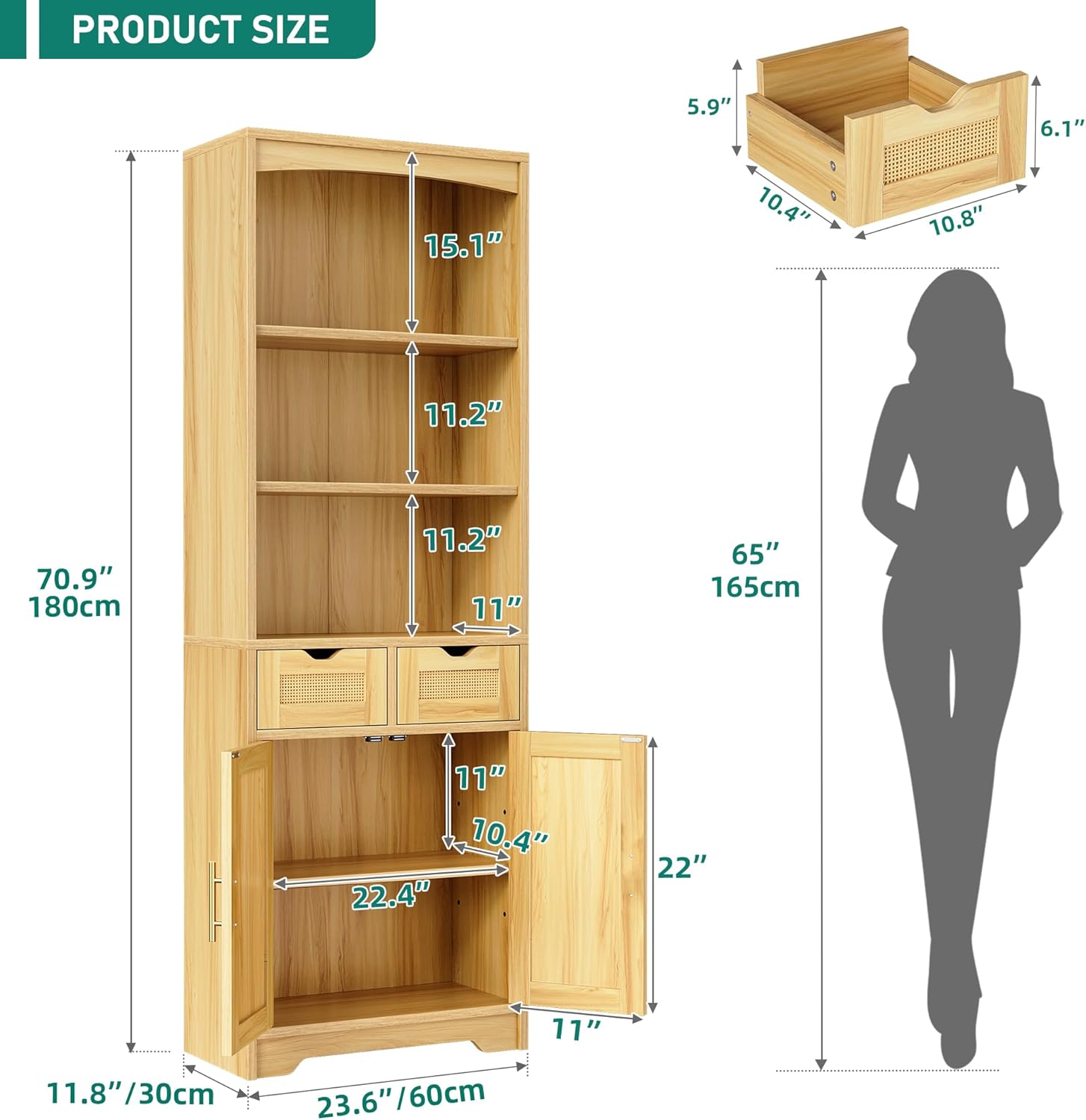 Rattan Bookshelf with Storage, 5 Tier Bookcase with 2 Drawers and Doors, 71" Tall Book Case Rattan Storage Cabinet
