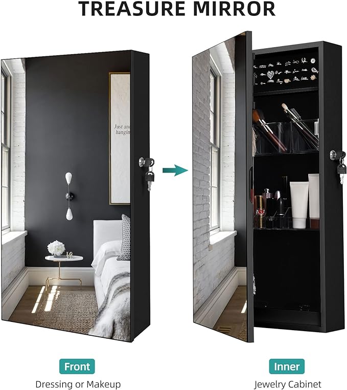 Lockable Jewelry Cabinet Armoire with Mirror, Wall-Mounted Mirror with Jewelry Storage